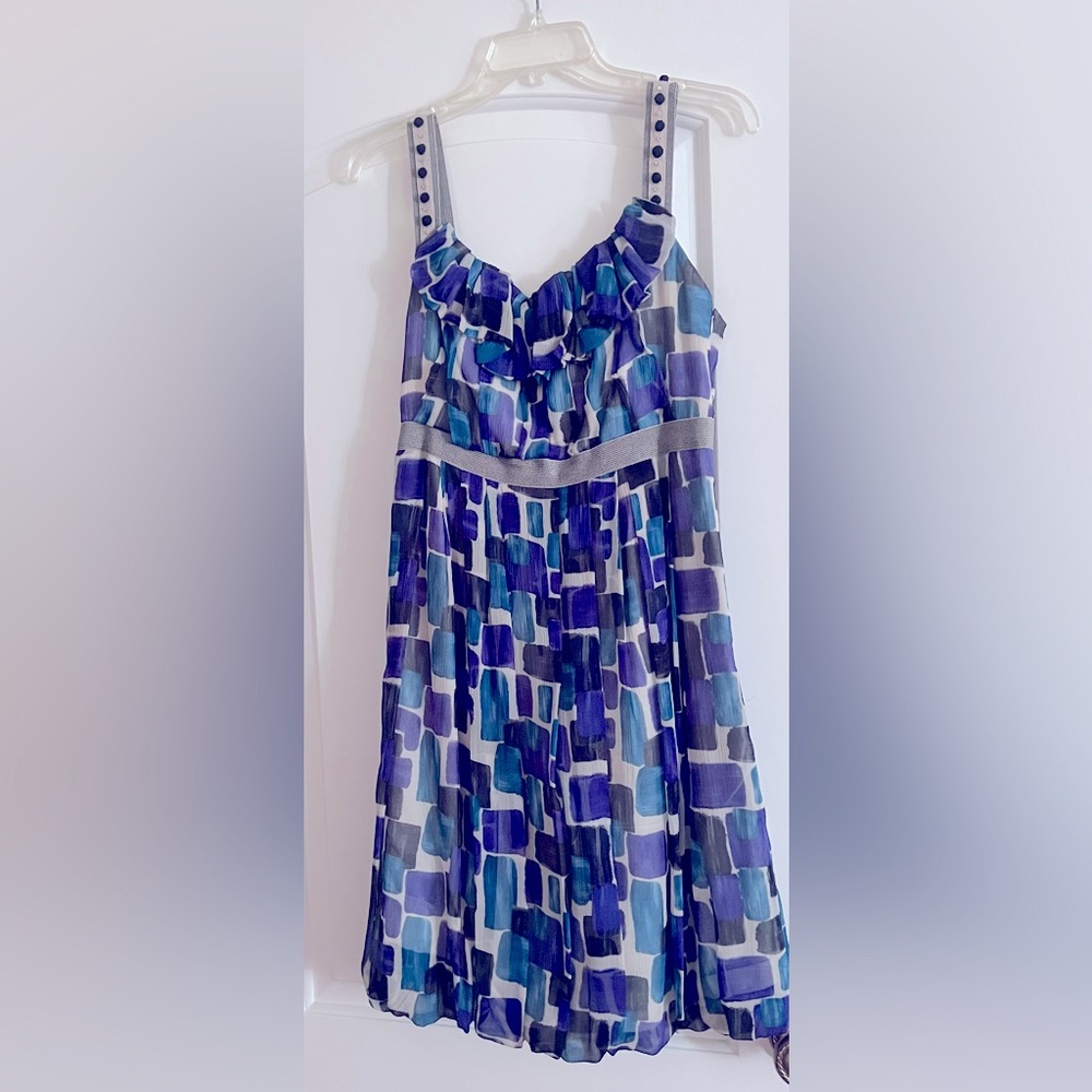 Mini size 10 silk Lela Rose evening dress . Blue, purple, black over white